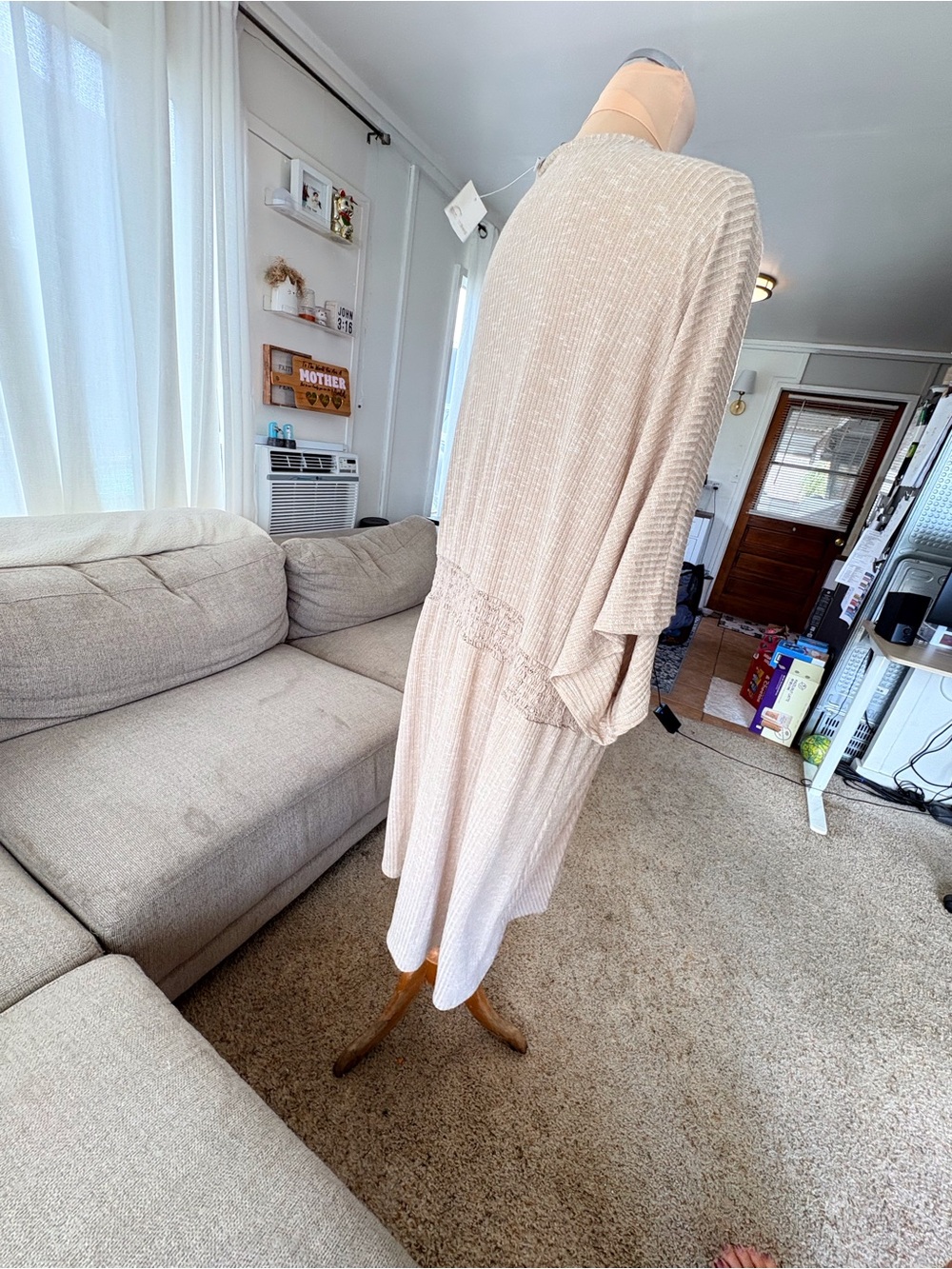 NWT Light Beige Open-Front Boho Knit Cardigan with Tie Waist Lace Embroidery XXL - Picture 7 of 7